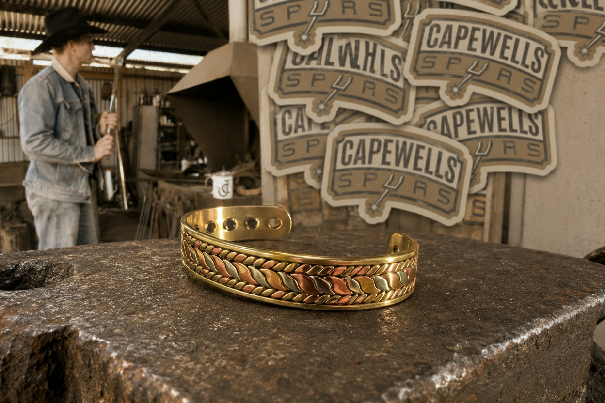 Copper bracelet on a anvil surface with 'Capewells Spurs' branding in the background.